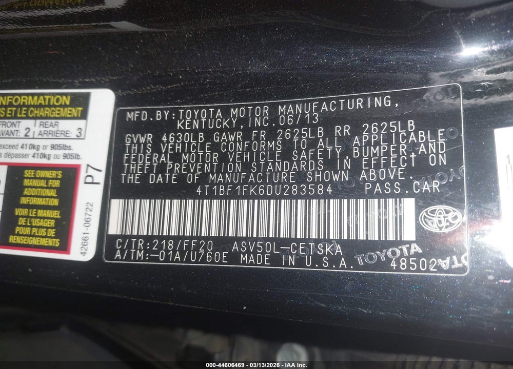 2013 TOYOTA CAMRY SE VIN: 4T1BF1FK6DU283584
