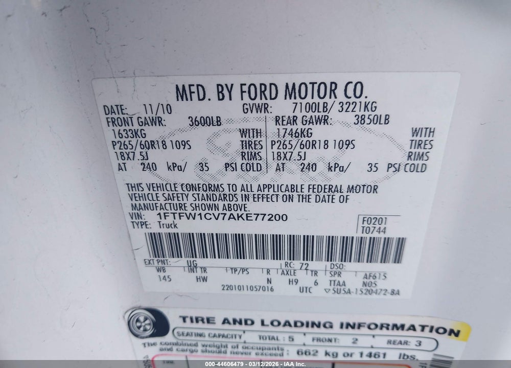 2010 FORD F-150 FX2 SPORT/HARLEY-DAVIDSON/KING RANCH/LARIAT/PLATINUM/XL/XLT VIN: 1FTFW1CV7AKE77200