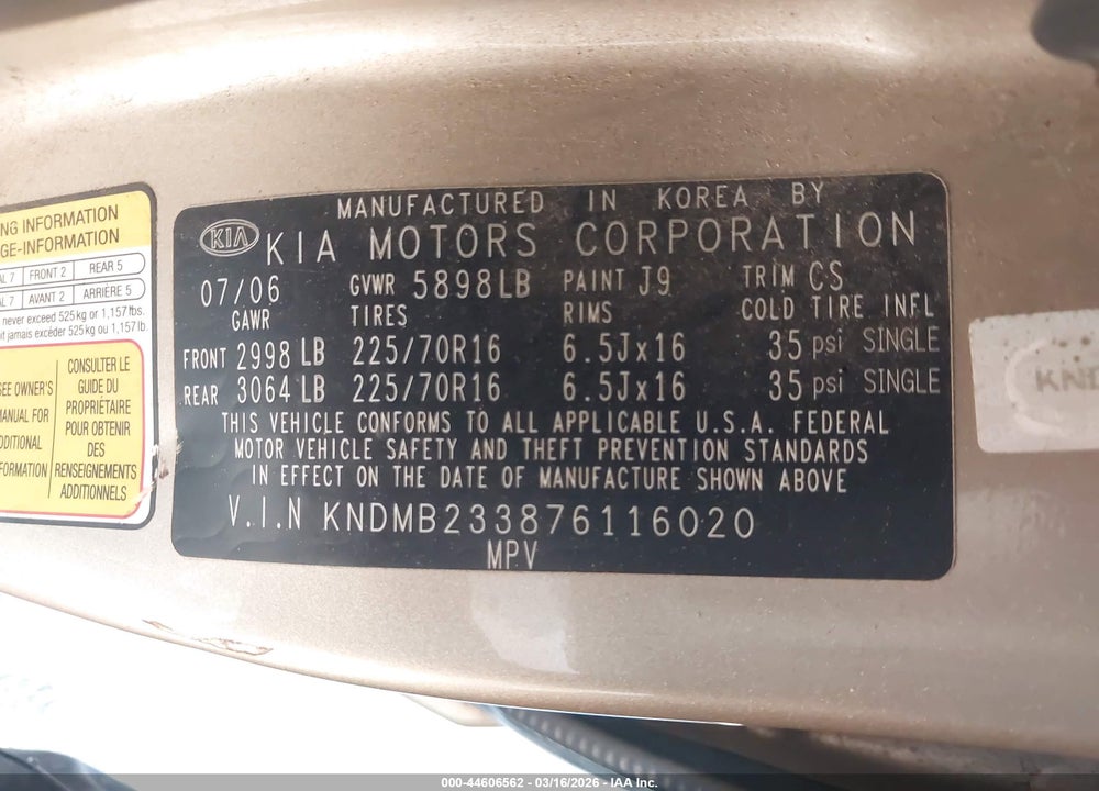 2007 KIA SEDONA LX VIN: KNDMB233876116020