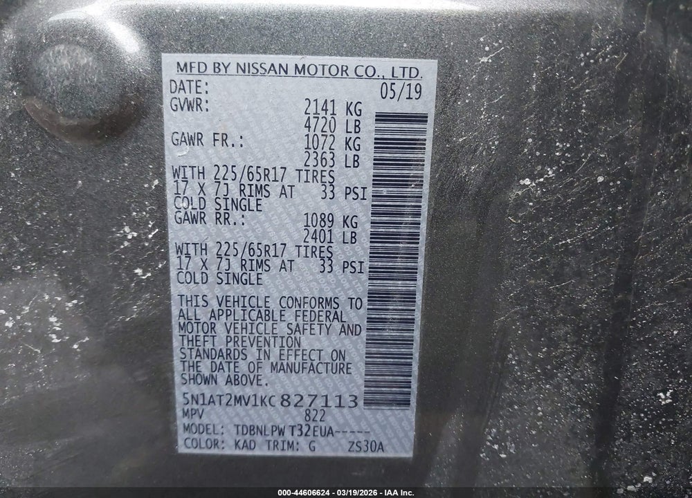 2019 NISSAN ROGUE S VIN: 5N1AT2MV1KC827113