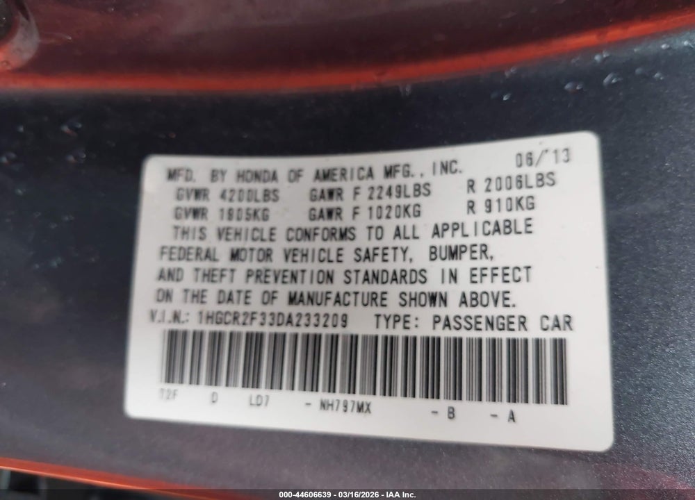 2013 HONDA ACCORD LX VIN: 1HGCR2F33DA233209