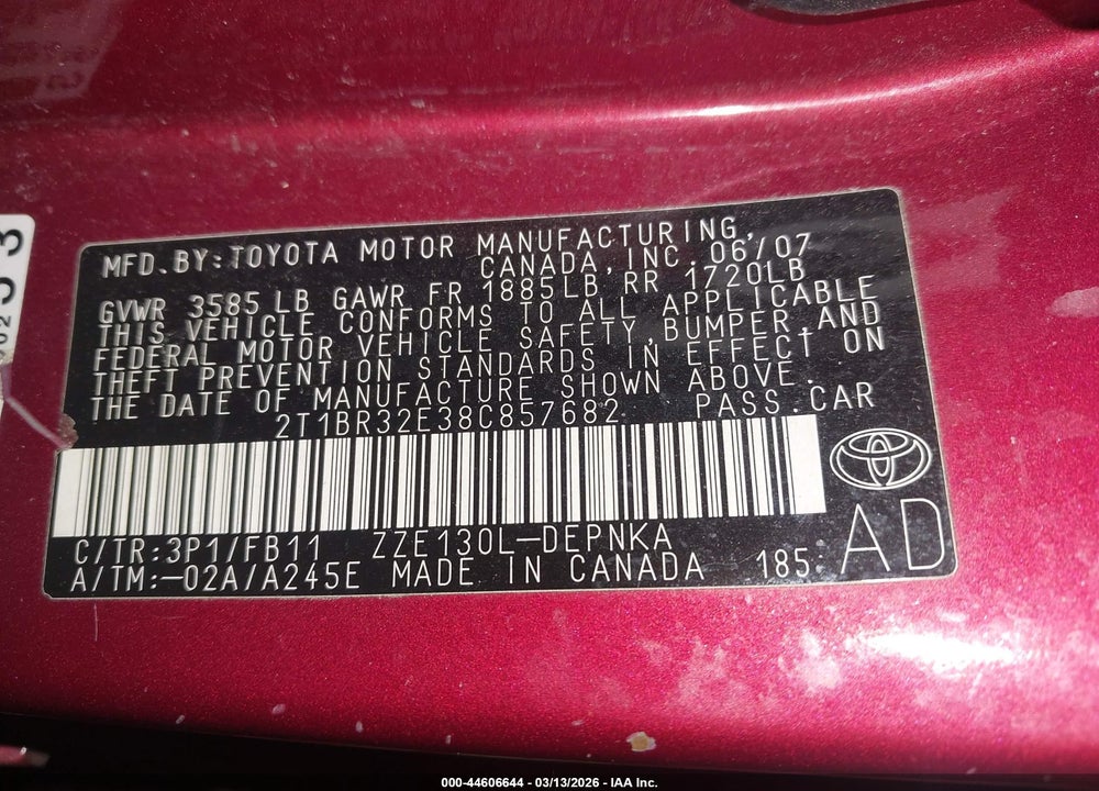 2008 TOYOTA COROLLA LE VIN: 2T1BR32E38C857682