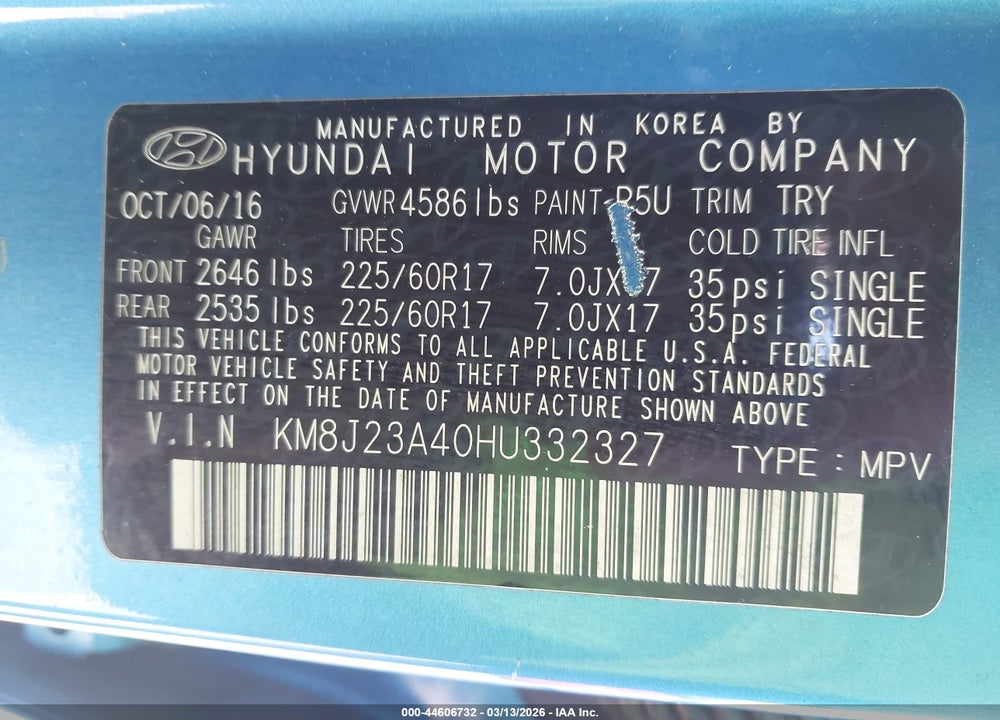 2017 HYUNDAI TUCSON SE VIN: KM8J23A40HU332327