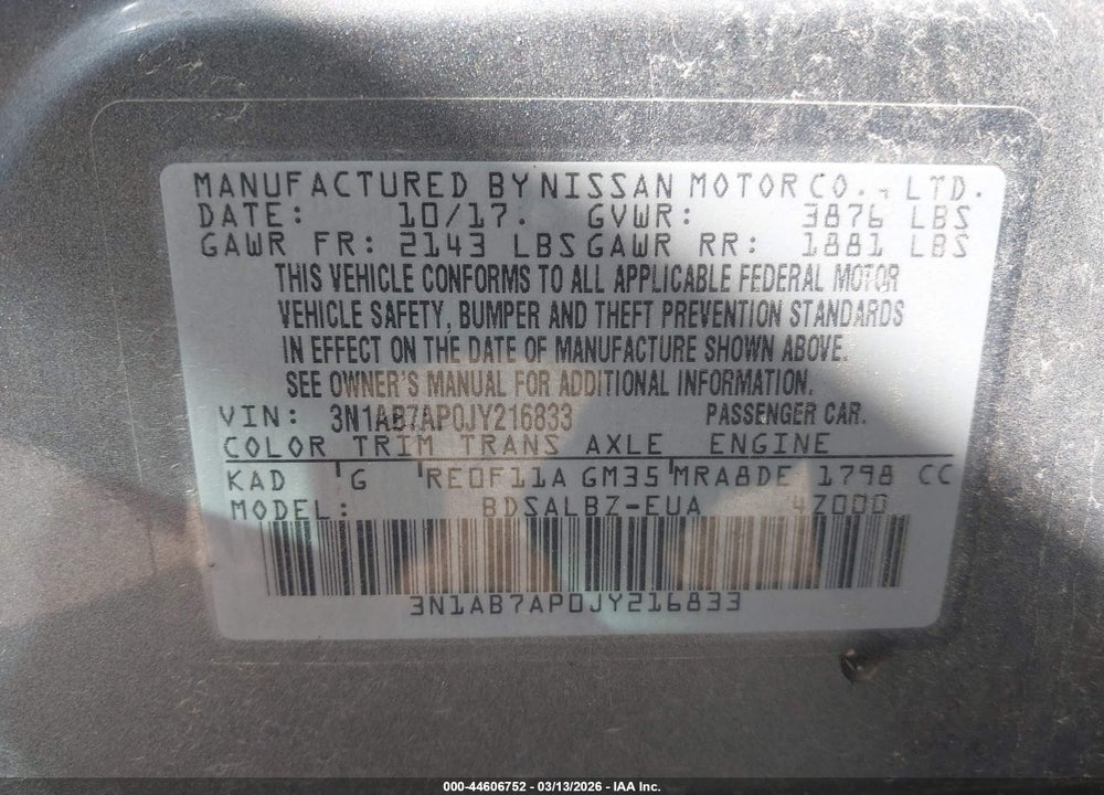 2018 NISSAN SENTRA S VIN: 3N1AB7AP0JY216833