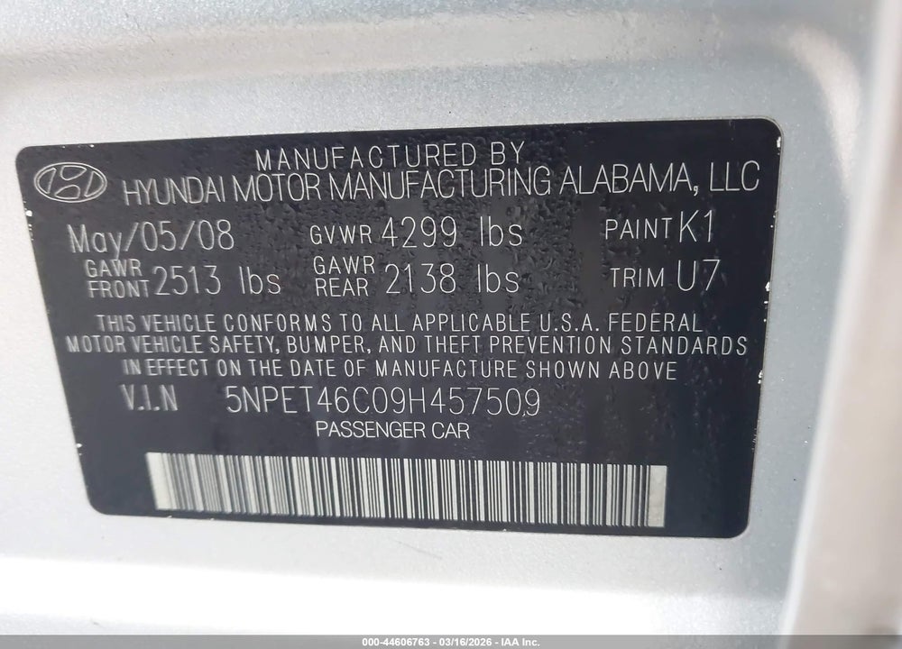 2009 HYUNDAI SONATA GLS VIN: 5NPET46C09H457509