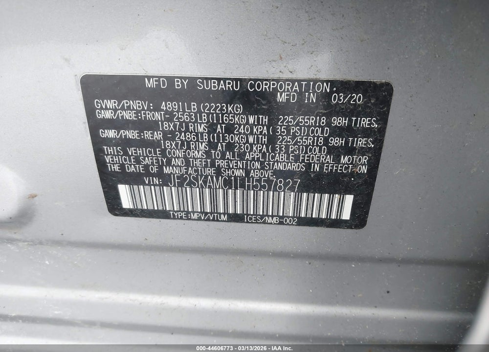 2020 SUBARU FORESTER SPORT VIN: JF2SKAMC1LH557827