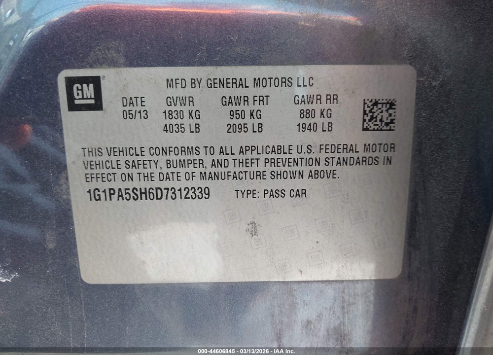 2013 CHEVROLET CRUZE LS AUTO VIN: 1G1PA5SH6D7312339
