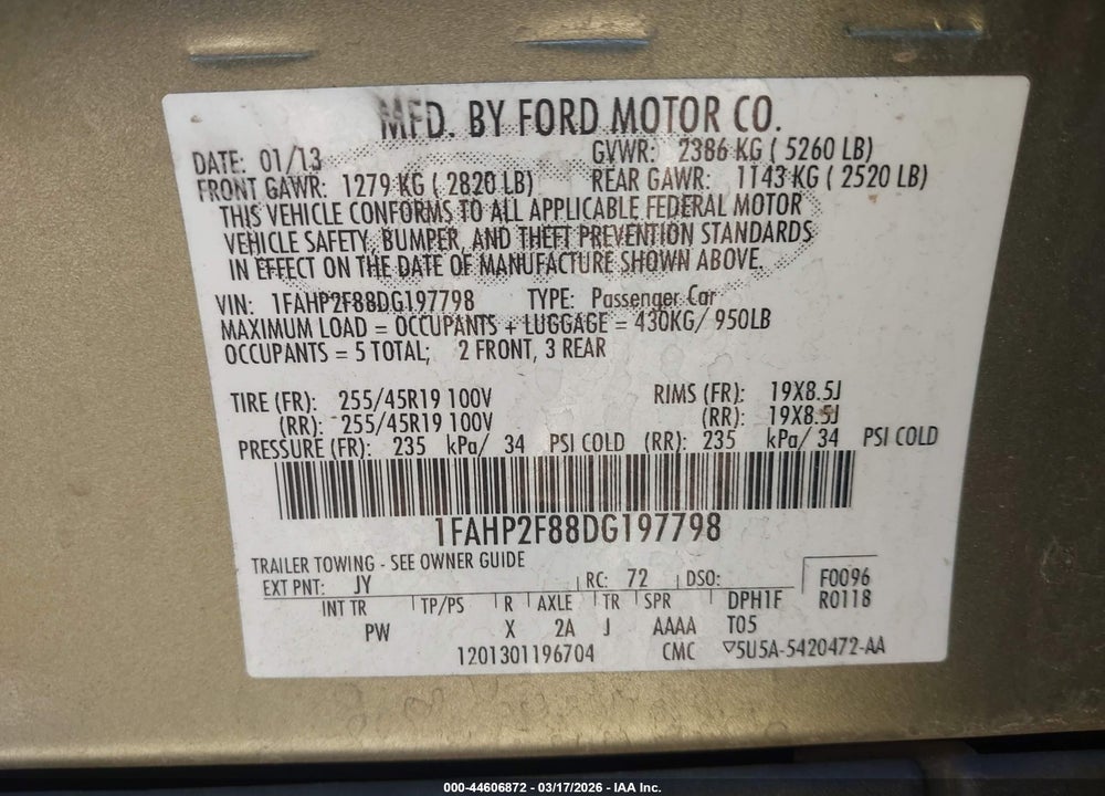 2013 FORD TAURUS LIMITED VIN: 1FAHP2F88DG197798