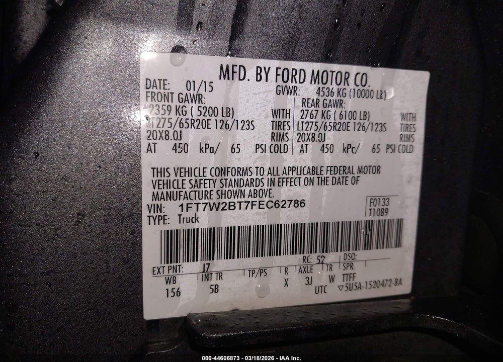 2015 FORD F-250 LARIAT VIN: 1FT7W2BT7FEC62786