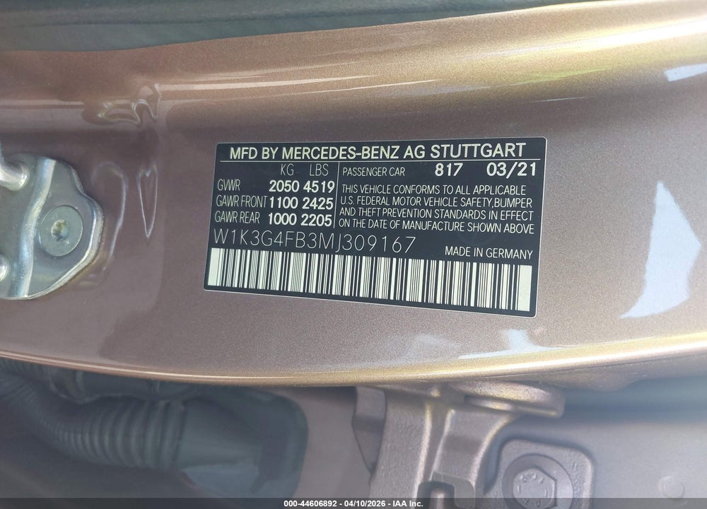 2021 MERCEDES-BENZ A 220 4MATIC VIN: W1K3G4FB3MJ309167
