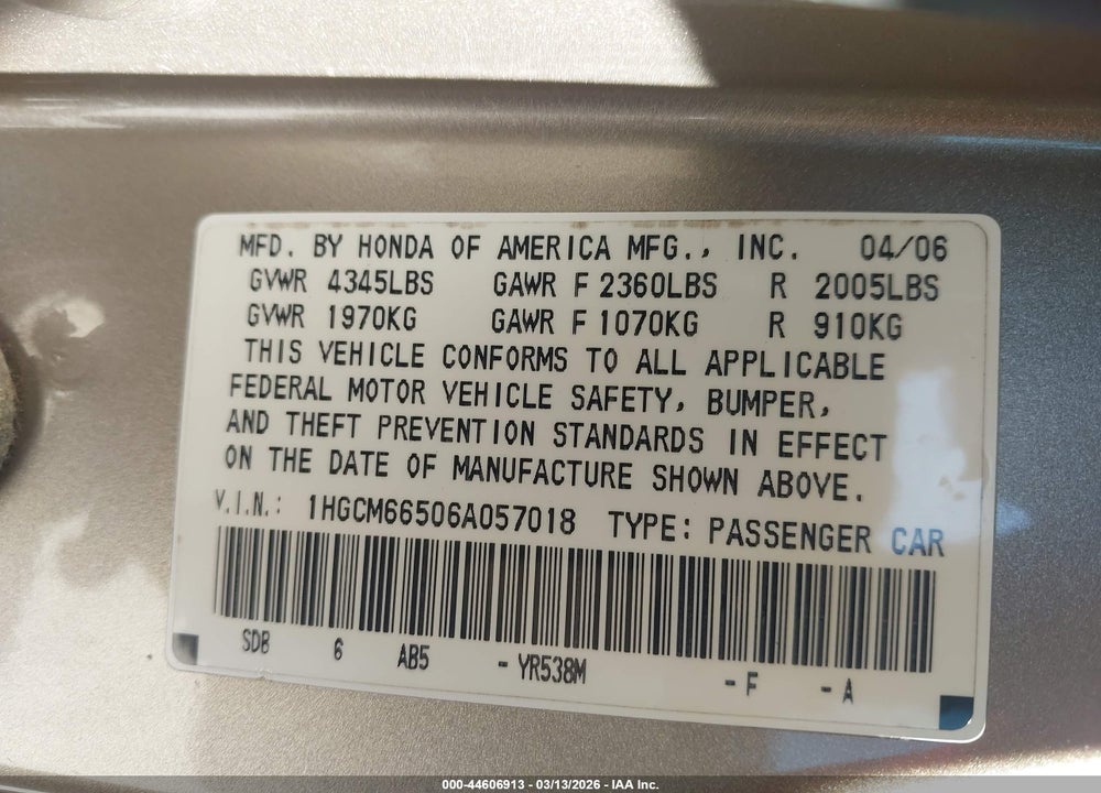 2006 HONDA ACCORD 3.0 EX VIN: 1HGCM66506A057018