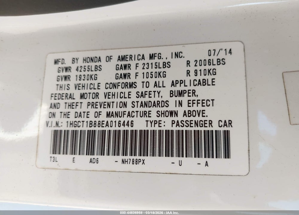 2014 HONDA ACCORD EX-L VIN: 1HGCT1B88EA016446
