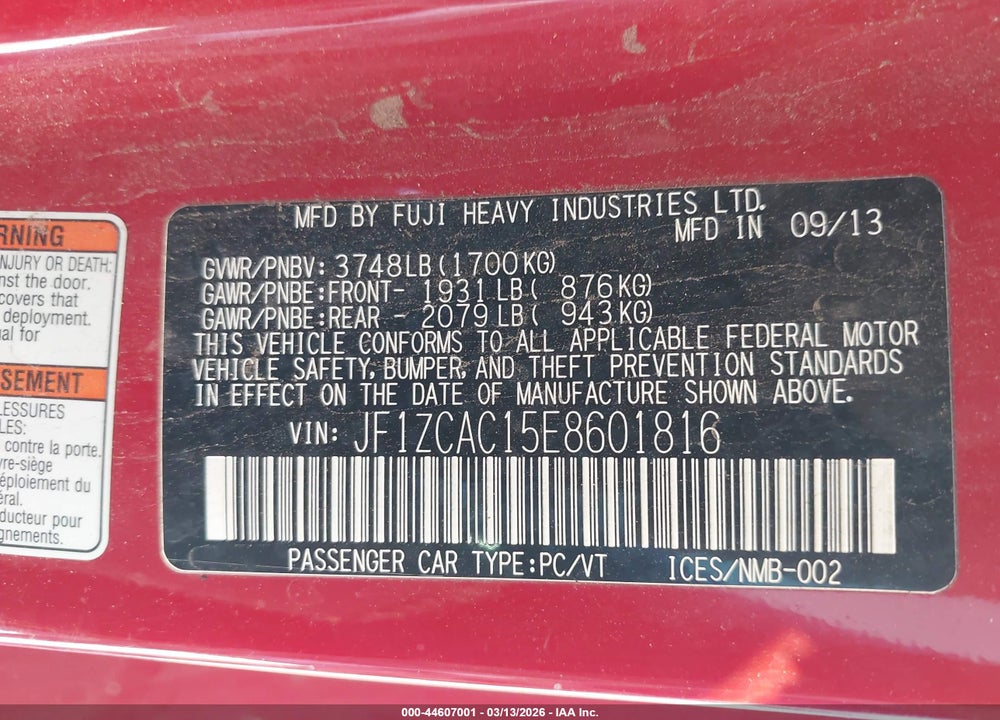 2014 SUBARU BRZ LIMITED VIN: JF1ZCAC15E8601816