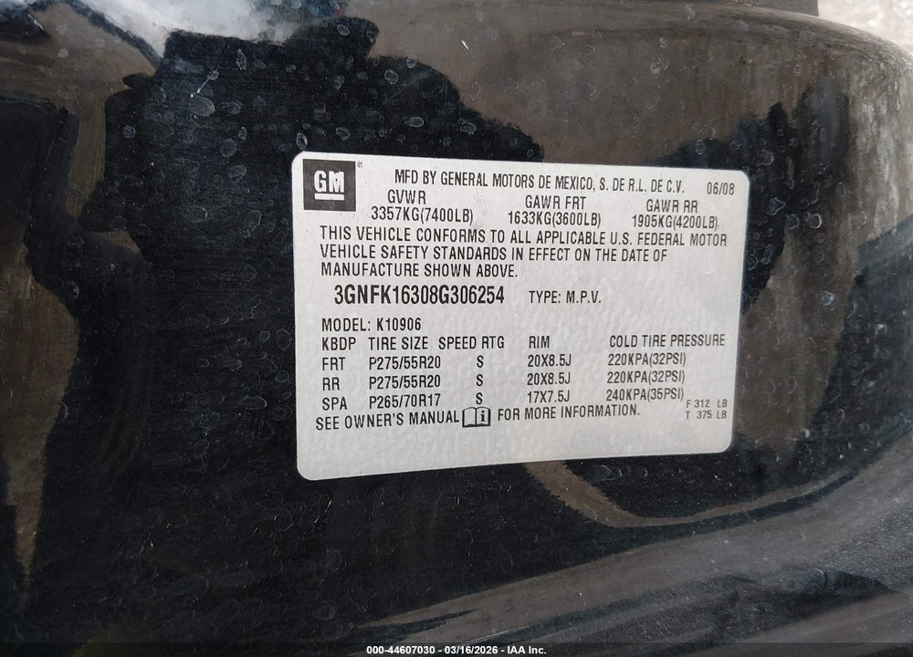 2008 CHEVROLET SUBURBAN 1500 LTZ VIN: 3GNFK16308G306254
