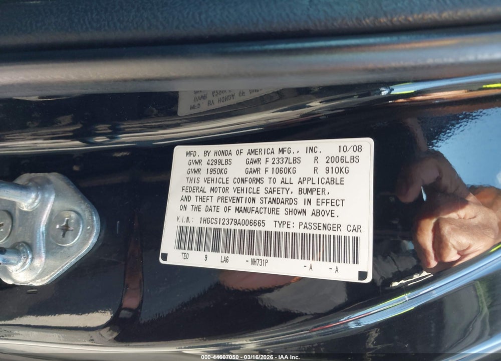 2009 HONDA ACCORD 2.4 LX-S VIN: 1HGCS12379A006665