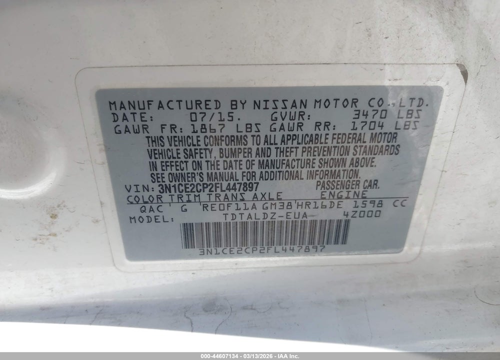2015 NISSAN VERSA NOTE SV VIN: 3N1CE2CP2FL447897