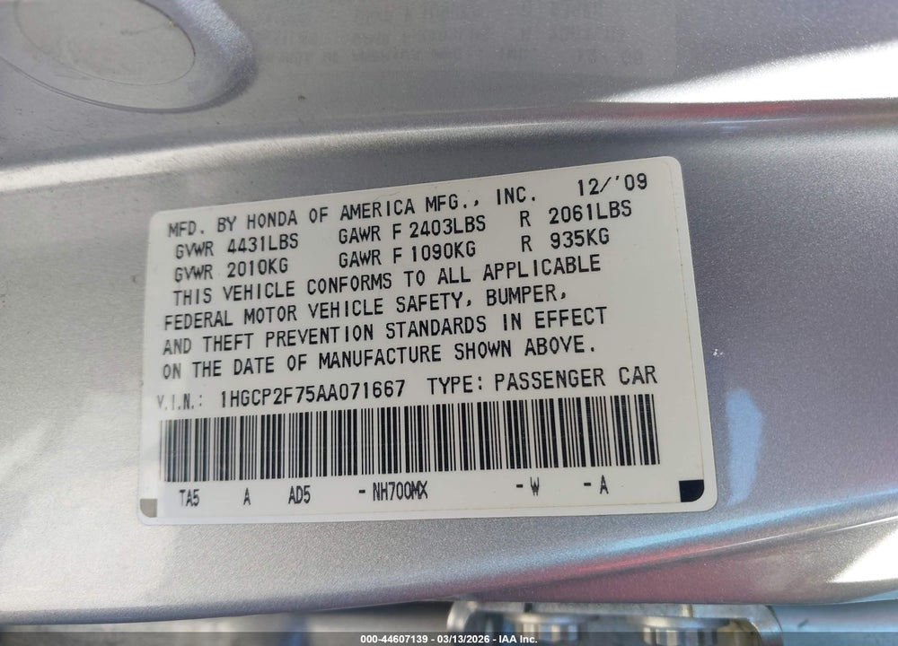 2010 HONDA ACCORD 2.4 EX VIN: 1HGCP2F75AA071667