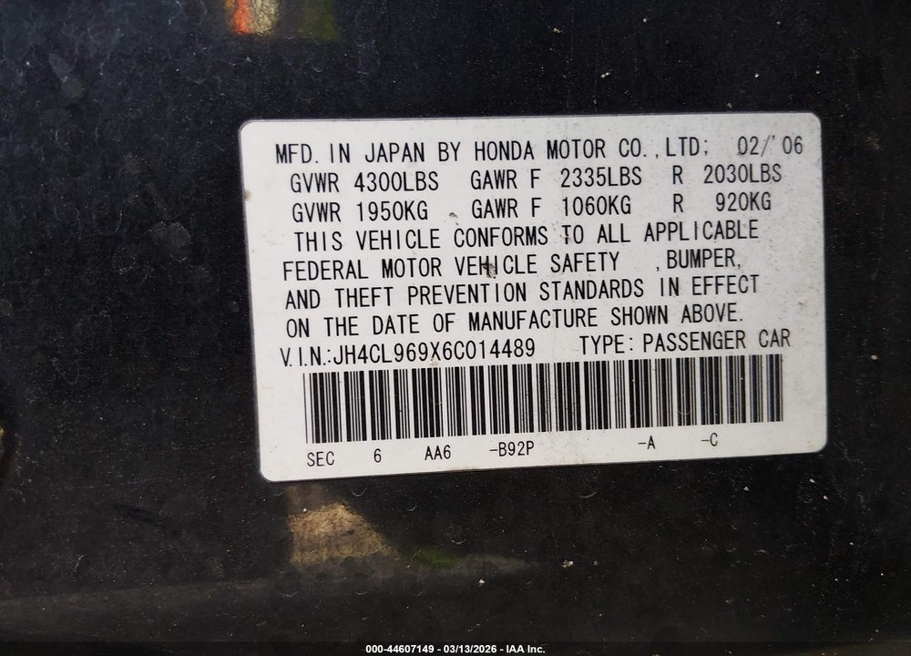 2006 ACURA TSX VIN: JH4CL969X6C014489