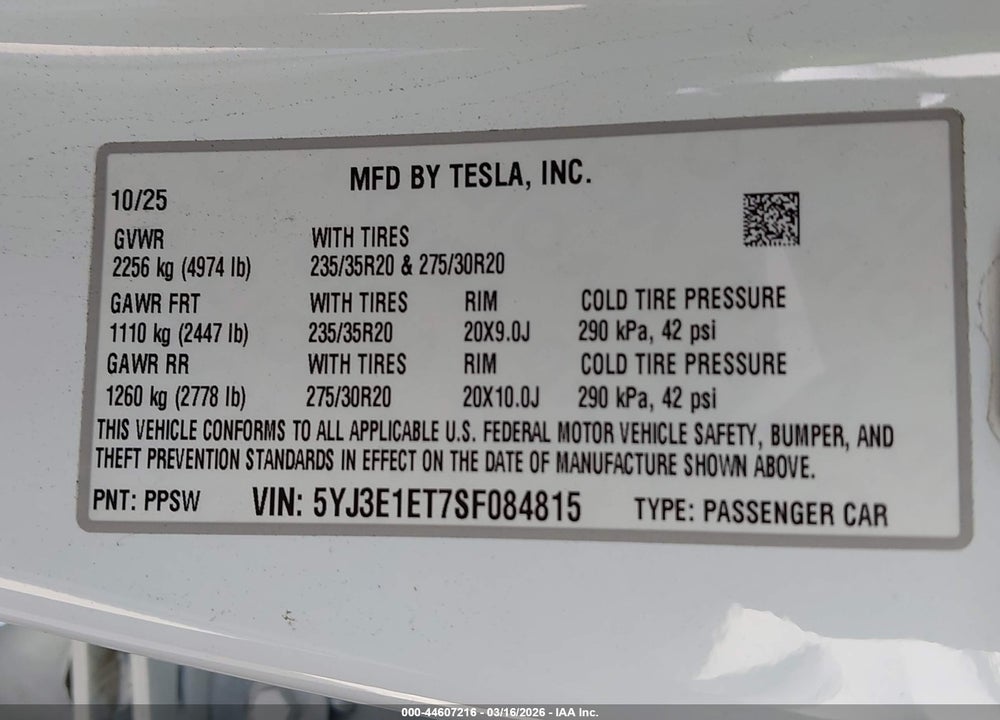 2025 TESLA MODEL 3 PERFORMANCE ALL-WHEEL DRIVE VIN: 5YJ3E1ET7SF084815