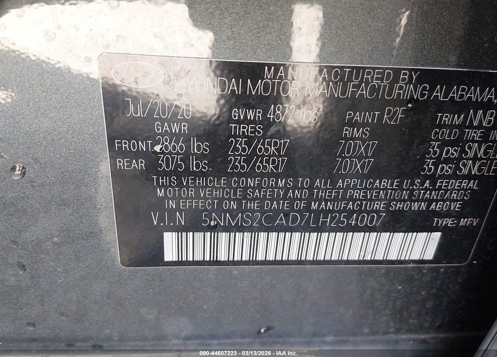 2020 HYUNDAI SANTA FE SE VIN: 5NMS2CAD7LH254007