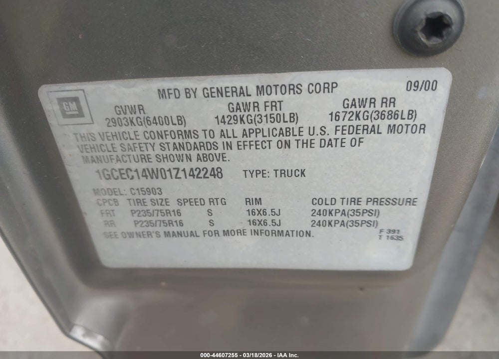 2001 CHEVROLET SILVERADO 1500 VIN: 1GCEC14W01Z142248