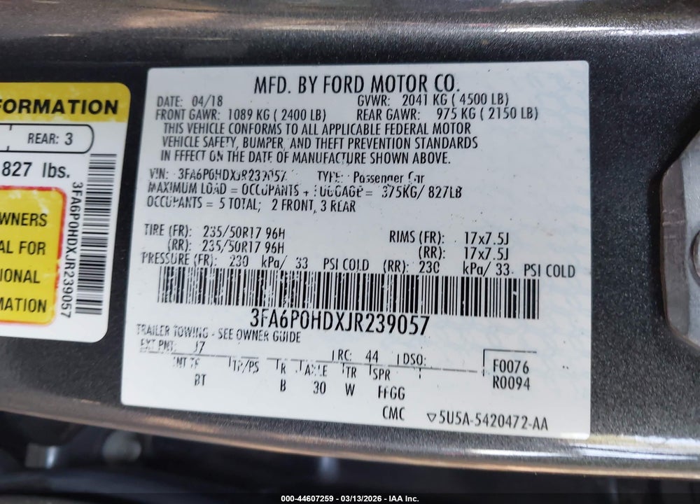 2018 FORD FUSION SE VIN: 3FA6P0HDXJR239057