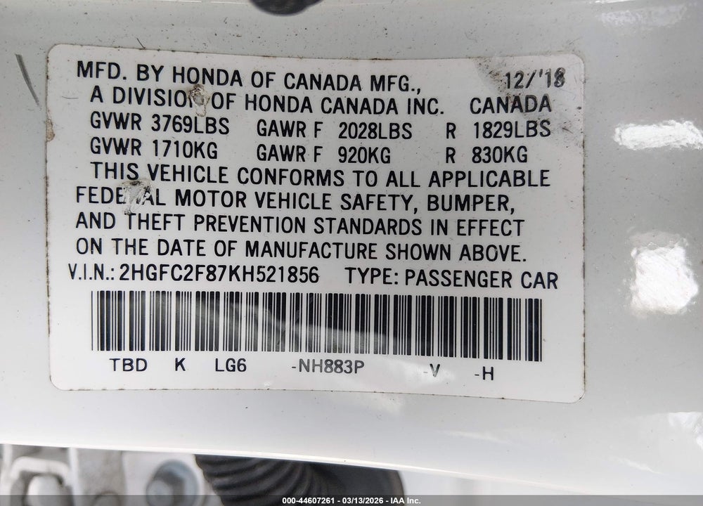 2019 HONDA CIVIC SPORT VIN: 2HGFC2F87KH521856
