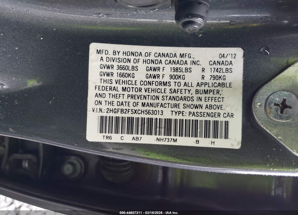 2012 HONDA CIVIC LX VIN: 2HGFB2F5XCH563013