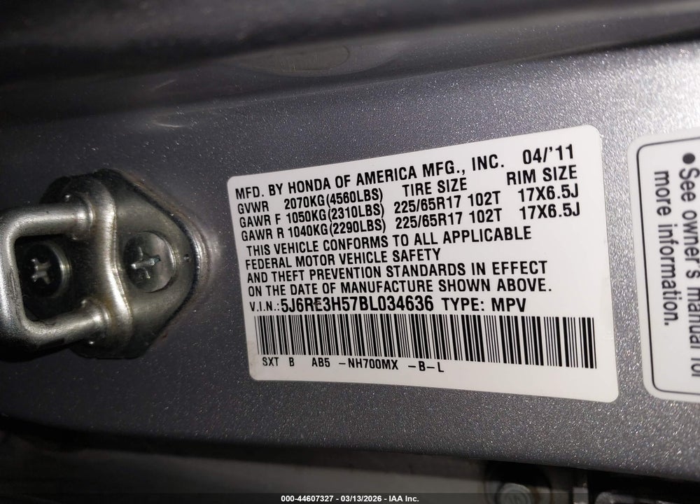 2011 HONDA CR-V EX VIN: 5J6RE3H57BL034636