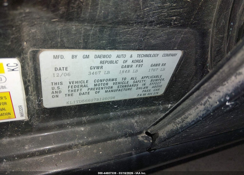 2007 CHEVROLET AVEO LS VIN: KL1TD56627B126098