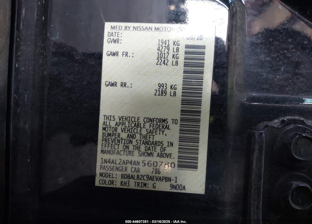 2010 NISSAN ALTIMA 2.5 S VIN: 1N4AL2AP4AN560780