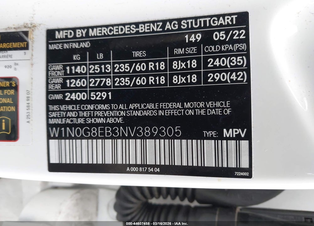 2022 MERCEDES-BENZ GLC 300 4MATIC SUV VIN: W1N0G8EB3NV389305