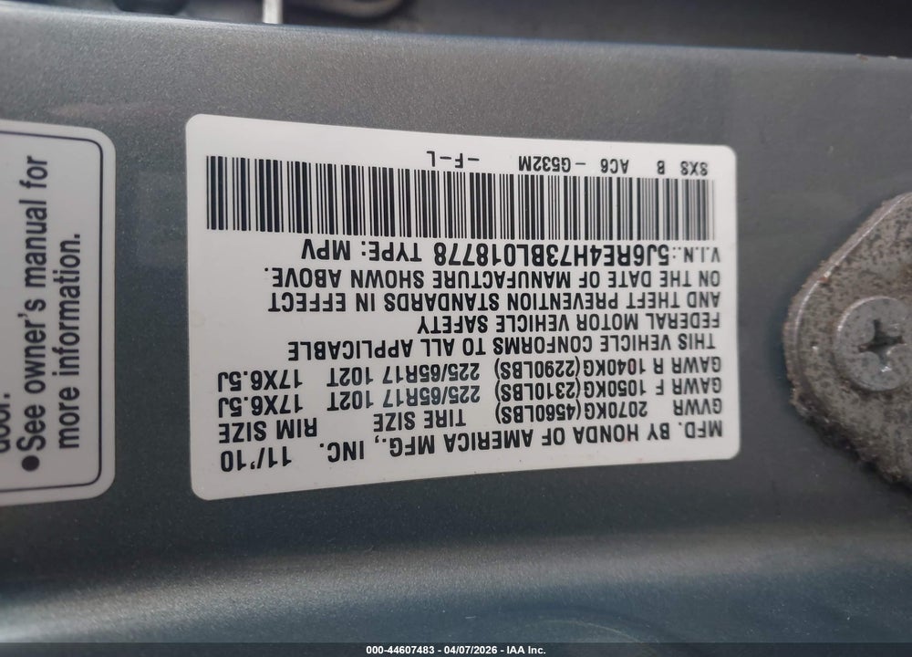 2011 HONDA CR-V EX-L VIN: 5J6RE4H73BL018778