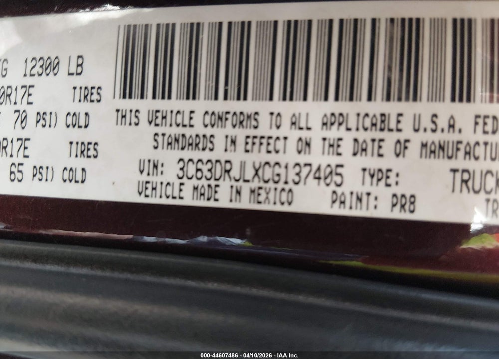 2012 RAM 3500 LAIE VIN: 3C63DRJLXCG137405
