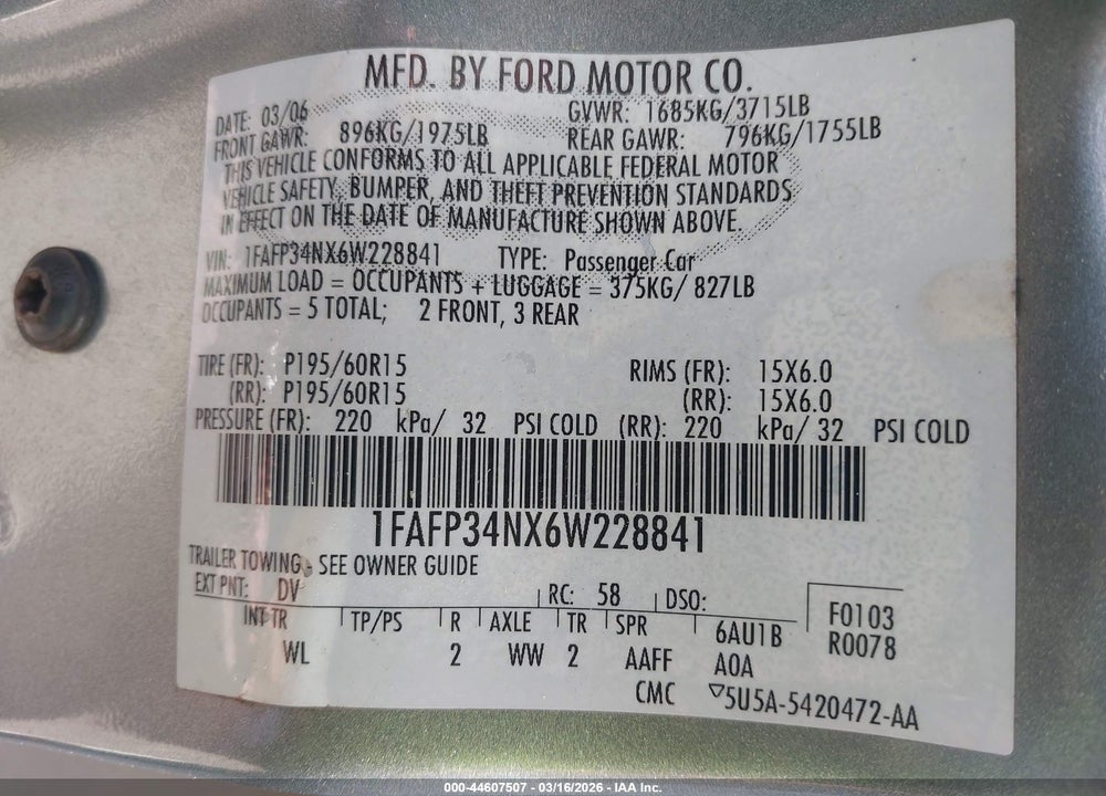2006 FORD FOCUS ZX4 VIN: 1FAFP34NX6W228841