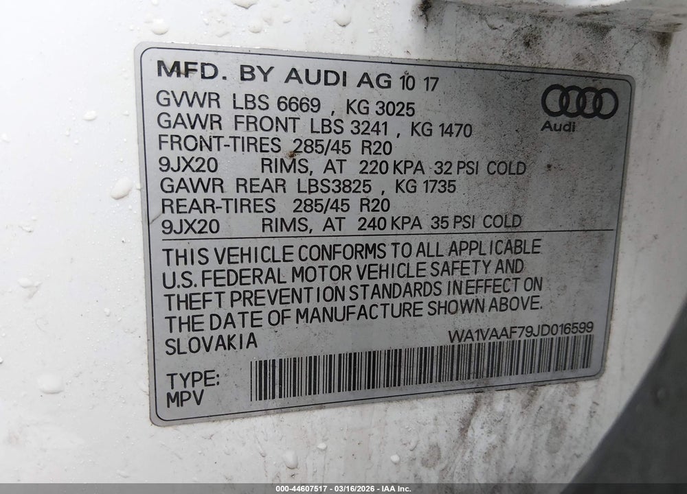 2018 AUDI Q7 3.0T PREMIUM VIN: WA1VAAF79JD016599