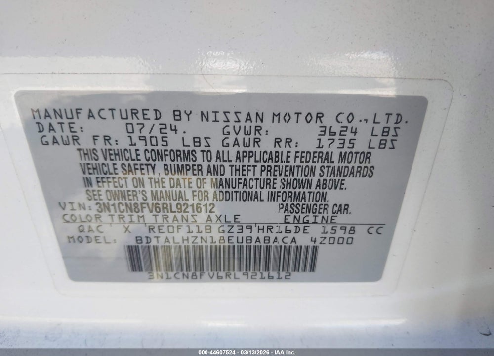 2024 NISSAN VERSA 1.6 SR VIN: 3N1CN8FV6RL921612