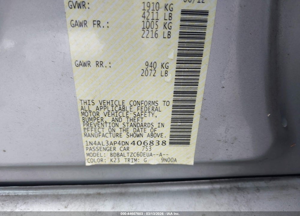 2013 NISSAN ALTIMA 2.5 VIN: 1N4AL3AP4DN406838