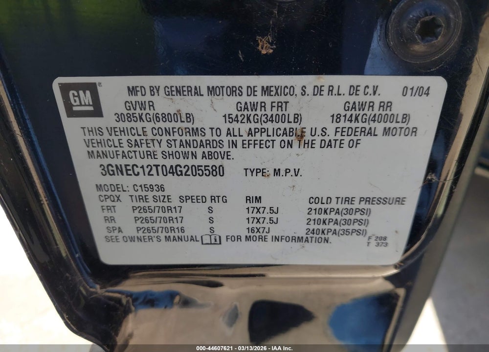 2004 CHEVROLET AVALANCHE 1500 VIN: 3GNEC12T04G205580