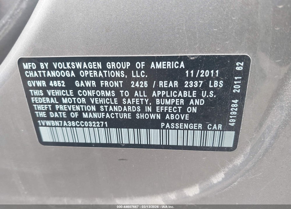 2012 VOLKSWAGEN PASSAT 2.0L TDI SE VIN: 1VWBN7A38CC032271