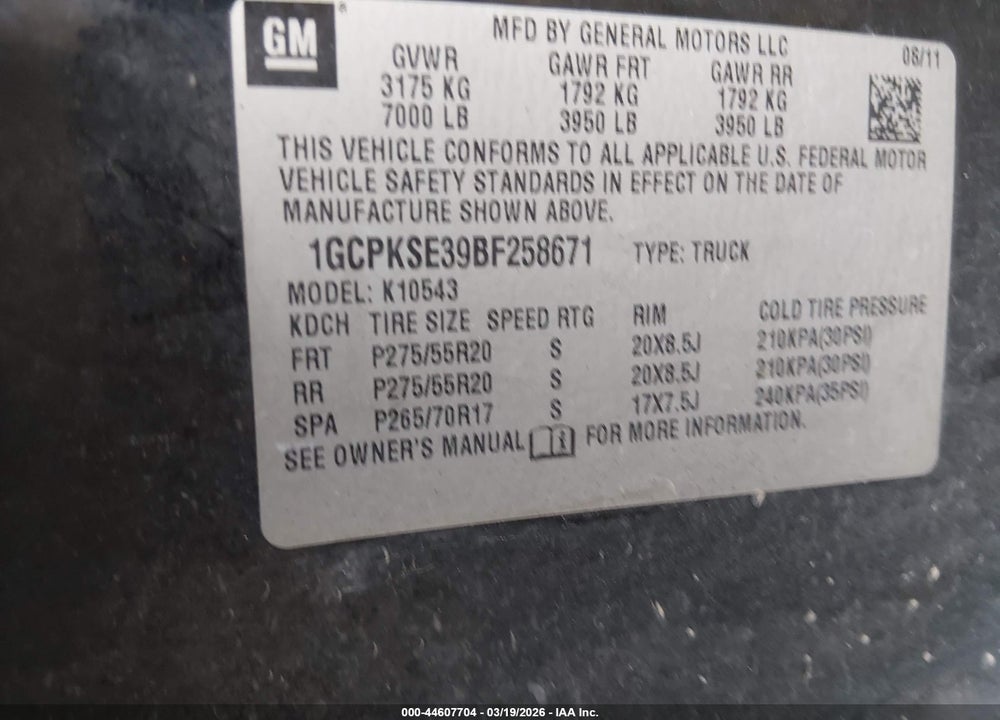 2011 CHEVROLET SILVERADO 1500 LT VIN: 1GCPKSE39BF258671