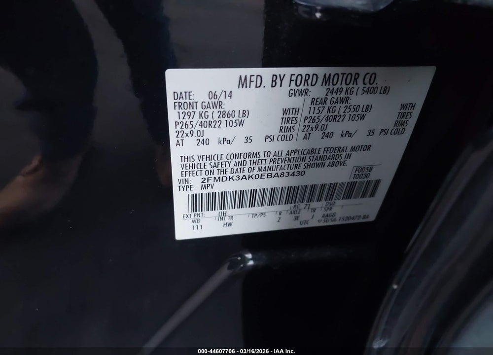 2014 FORD EDGE SPORT VIN: 2FMDK3AK0EBA83430