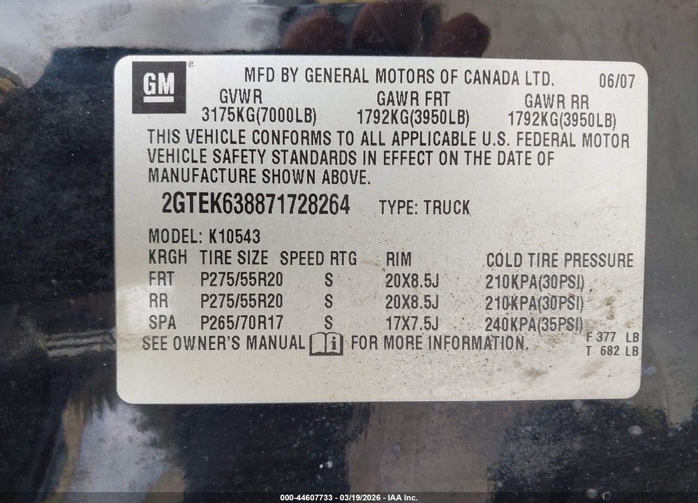 2007 GMC SIERRA 1500 DENALI VIN: 2GTEK638871728264