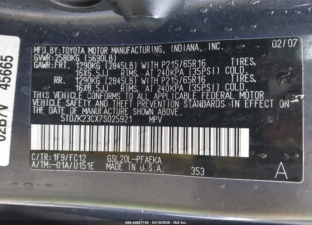 2007 TOYOTA SIENNA LE VIN: 5TDZK23CX7S025921