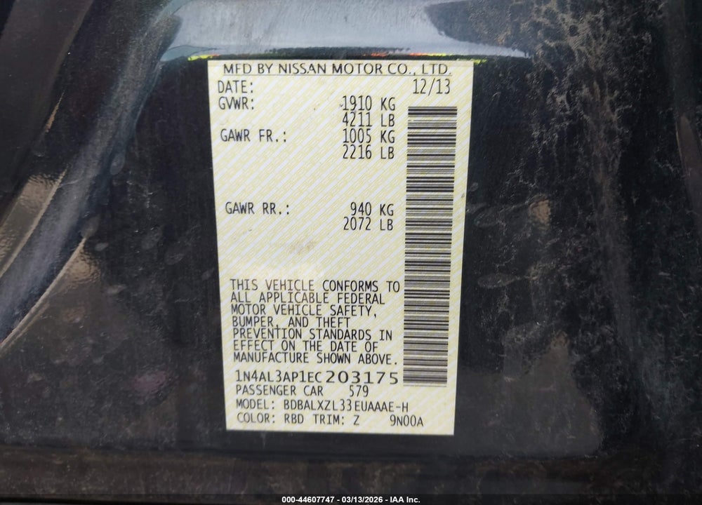 2014 NISSAN ALTIMA 2.5 SL VIN: 1N4AL3AP1EC203175