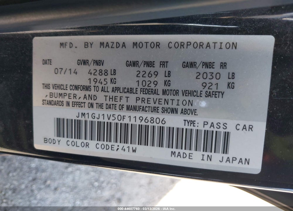 2015 MAZDA 6 I TOURING VIN: JM1GJ1V50F1196806