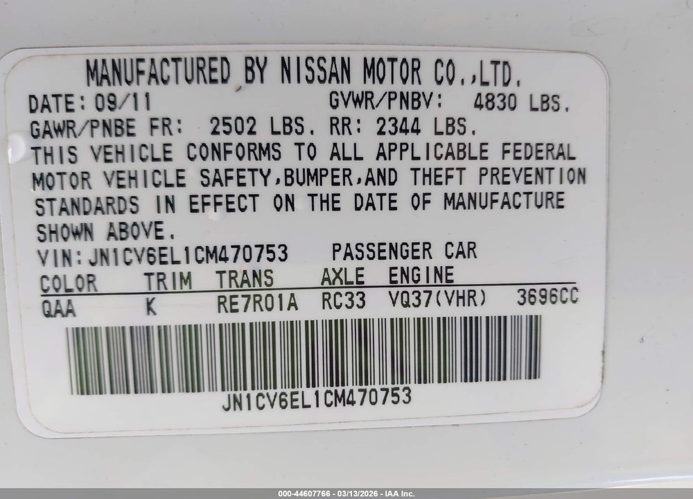 2012 INFINITI G37X VIN: JN1CV6EL1CM470753