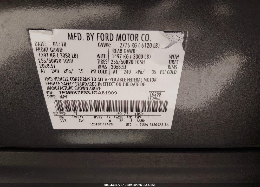 2018 FORD EXPLORER LIMITED VIN: 1FM5K7F83JGA81909