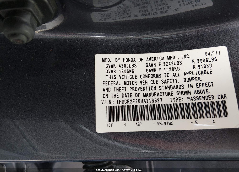 2017 HONDA ACCORD LX VIN: 1HGCR2F36HA219827