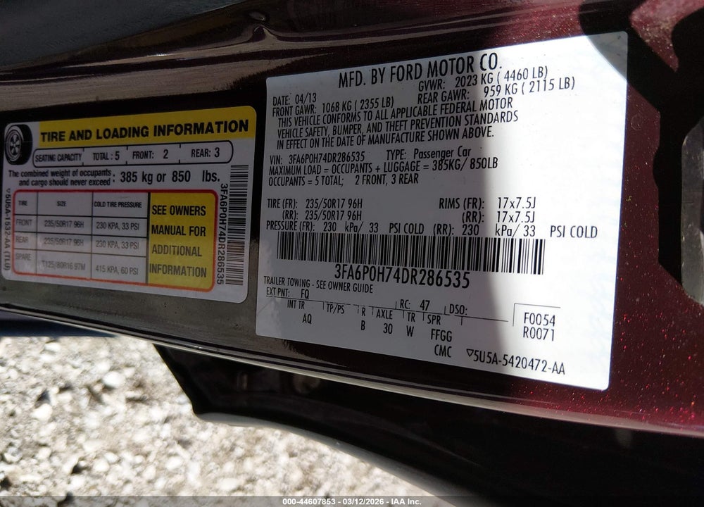2013 FORD FUSION SE VIN: 3FA6P0H74DR286535